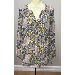 Tahari Women Blouse‎ 2X Gray Pink Floral Popover Long Sleeve Top V Neck Balloon